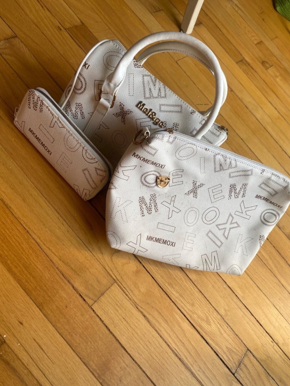 MKMemoxi 3-Piece Handbag Set With Wallet & Pouch - White/Brown Print
